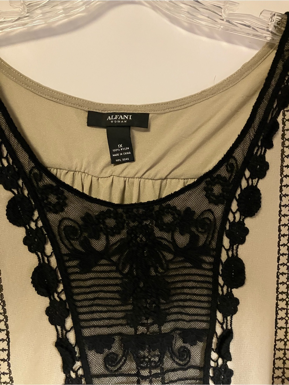 Alfani Beige Chemise with Black Lace Appliqué